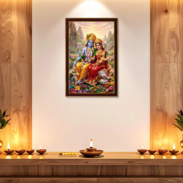 Lord Vishnu Lakshmi Photo Frame for Home Decor | Divine Lakshmi Narayan Wall Art with Lotus Throne | Premium Wooden Framed Religious Wall Decoration