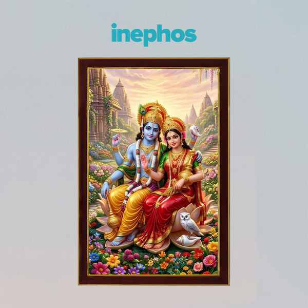 Lord Vishnu Lakshmi Photo Frame for Home Decor | Divine Lakshmi Narayan Wall Art with Lotus Throne | Premium Wooden Framed Religious Wall Decoration