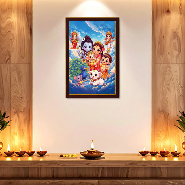 Cute Shiv Parivar Cartoon Photo Frame for Kids Room Decor | Adorable Lord Shiva Family Wall Art with Ganesha, Kartikeya & Nandi