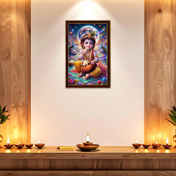 Little Krishna Makhan Chor Photo Frame for Wall Decoration | Bal Gopal Framed Wall Art for Home Temple, Living Room & Bedroom | Religious Hindu Wall Decor