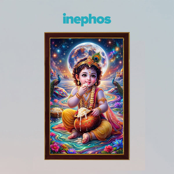 Little Krishna Makhan Chor Photo Frame for Wall Decoration | Bal Gopal Framed Wall Art for Home Temple, Living Room & Bedroom | Religious Hindu Wall Decor