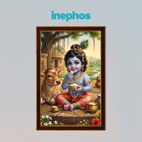 Little Krishna Makhan Chor Photo Frame for Wall Decoration | Bal Gopal Framed Wall Art with Cow | Religious Hindu Home Temple Decor