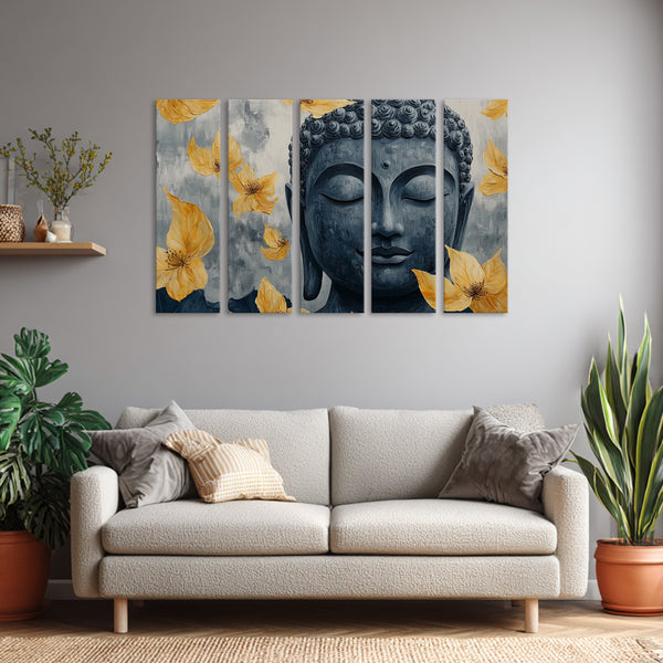 Dark Blue Buddha Multi Frame Vinyl Wall Art | Yellow Petals Spiritual Painting For Home & Meditation Room | Peaceful Zen Wall Décor