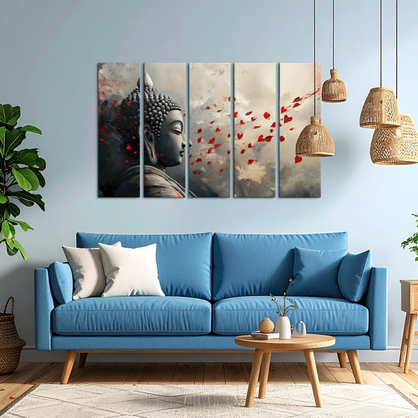 Buddha with Flying Red Petals Multi Frame Vinyl Wall Painting | Artistic Modern Art for Peaceful Interiors