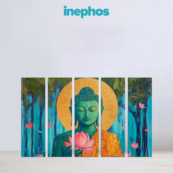 Green Buddha With Lotus Multi Frame Vinyl Wall Painting | Spiritual Wall Art For Meditation Room, Yoga Space, Living Room