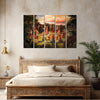 Bedroom with a large painting on the wall above an ornate bed.