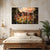Bedroom with a large painting on the wall above an ornate bed.