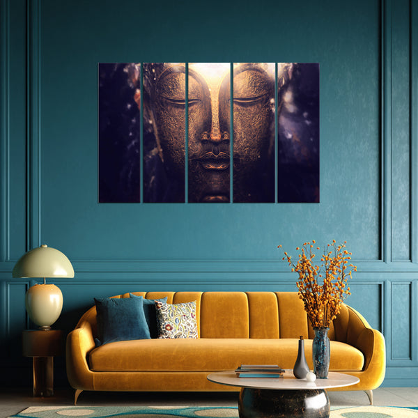 Radiant Golden Buddha Multi Frame Vinyl Wall Painting | Spiritual Glow Wall Art For Living Room, Office, Or Meditation Corner