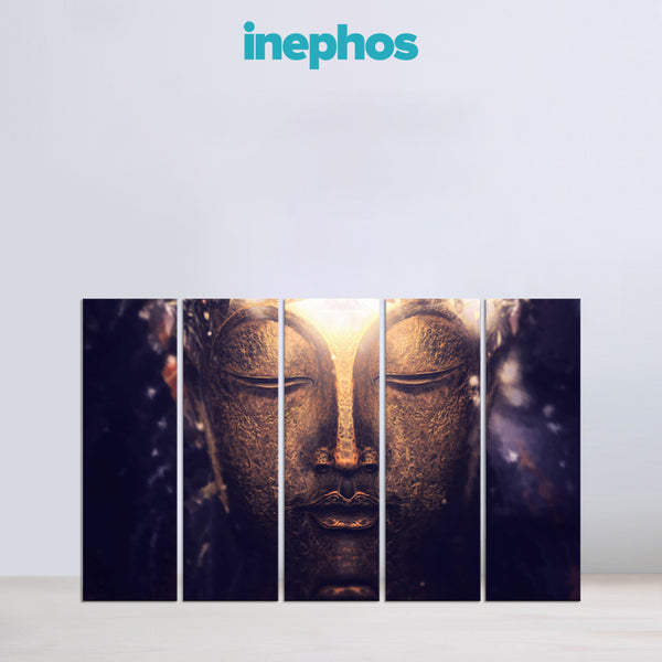 Radiant Golden Buddha Multi Frame Vinyl Wall Painting | Spiritual Glow Wall Art For Living Room, Office, Or Meditation Corner