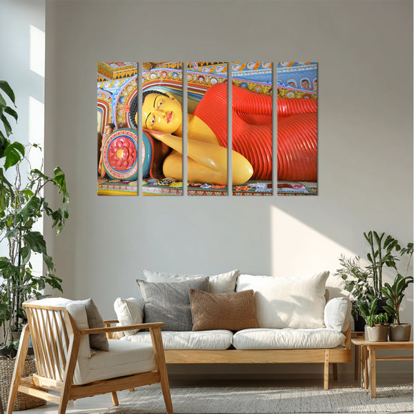 Colorful wall art depicting a reclining Buddha in a modern living room.