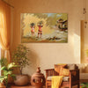 Living room with a painting of two children on a wall, surrounded by decor elements.