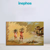 Painting of two children carrying baskets in a village scene with 'inephos' branding.