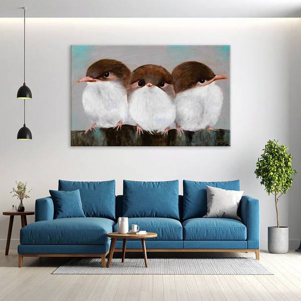 Three Funny Birds Painting – Cute Birds Canvas Wall Art for Home, Living Room, Bedroom, Office, Hotels, Drawing Room