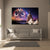 Living room with a large wall art piece featuring a temple and colorful face design.