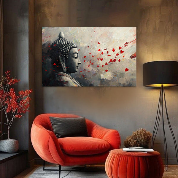 Living room with a red armchair, ottoman, and a painting of Buddha on the wall.