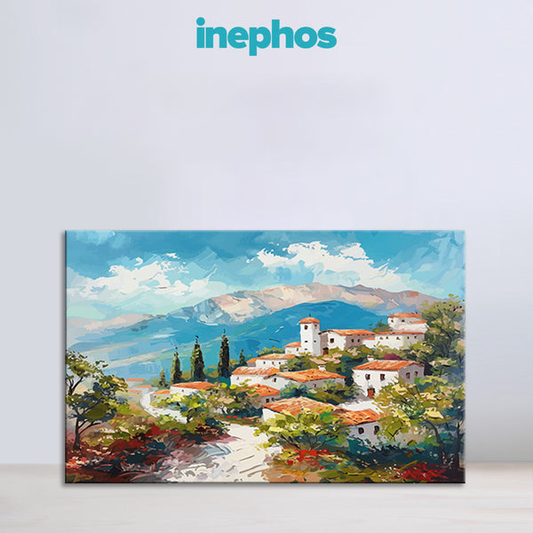 Mediterranean Village Landscape Canvas Painting for Living Room, Bedroom & Office | Scenic Nature Wall Art | Serene Mountain View Canvas Décor Gift for Home & Art Enthusiasts