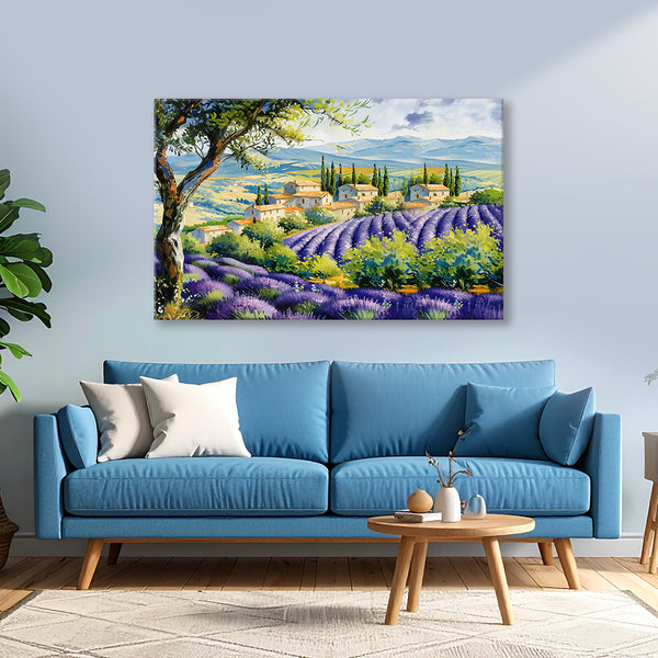 Lavender Field Landscape Canvas Painting for Living Room & Bedroom | Scenic Countryside Wall Art | Nature-Inspired Home Décor Gift for Art Lovers, Gardeners & Travelers