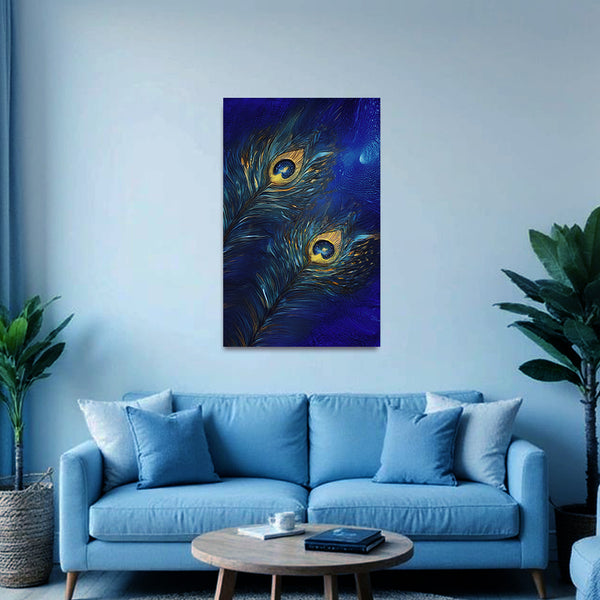 Elegant Peacock Feather Canvas Painting for Living Room, Bedroom & Office | Blue & Gold Wall Art | Spiritual Home Décor Gift Symbolizing Grace, Prosperity & Positive Energy