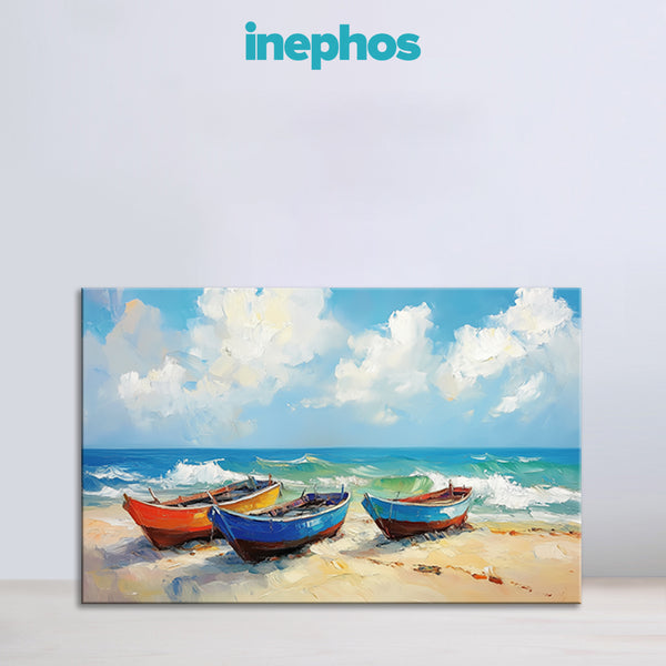 Serene Beach Boats Canvas Painting for Living Room, Bedroom & Office | Coastal Wall Art | Nautical Ocean View Home Décor
