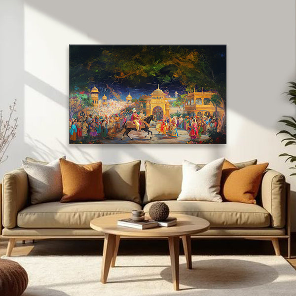 Royal Procession Canvas Painting for Living Room & Office Wall Décor | Traditional Indian Palace Artwork