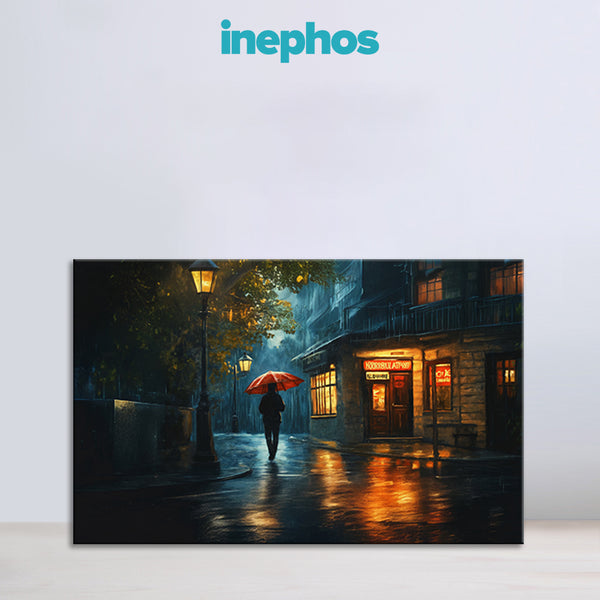 Rainy Night Street Canvas Painting for Living Room & Bedroom | Romantic Urban Wall Art with Red Umbrella & Golden Lights