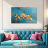 Luxury Golden Floral Canvas Wall Art for Living Room & Bedroom | Elegant 3D Embossed Flower Painting on Blue Background