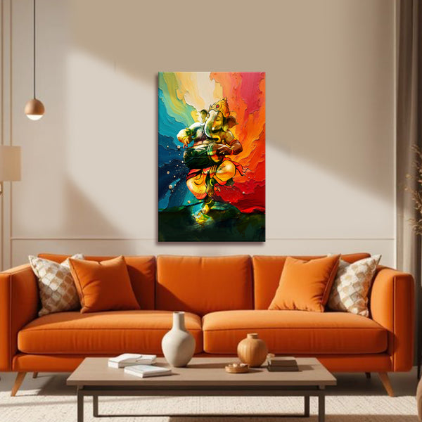 Dancing Lord Ganesha Canvas Painting | Vibrant Spiritual Ganpati Art with Dhol | Modern Hindu God Wall Décor for Living Room, Temple & Office