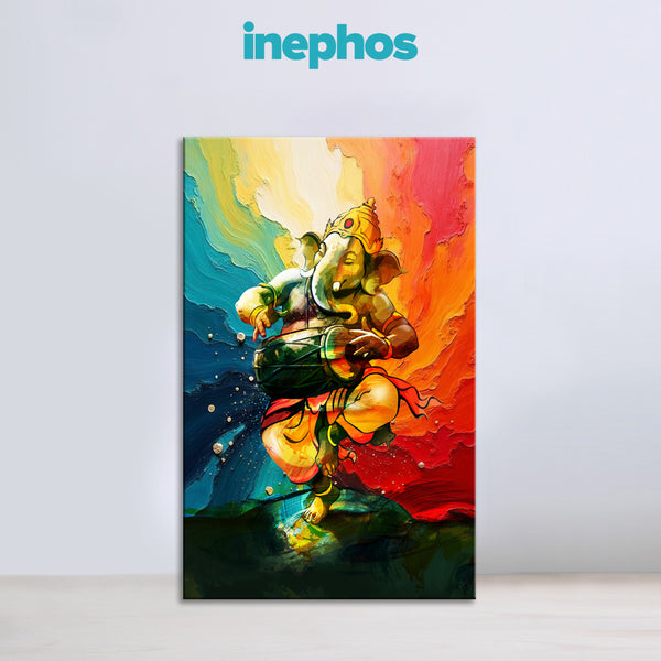 Dancing Lord Ganesha Canvas Painting | Vibrant Spiritual Ganpati Art with Dhol | Modern Hindu God Wall Décor for Living Room, Temple & Office