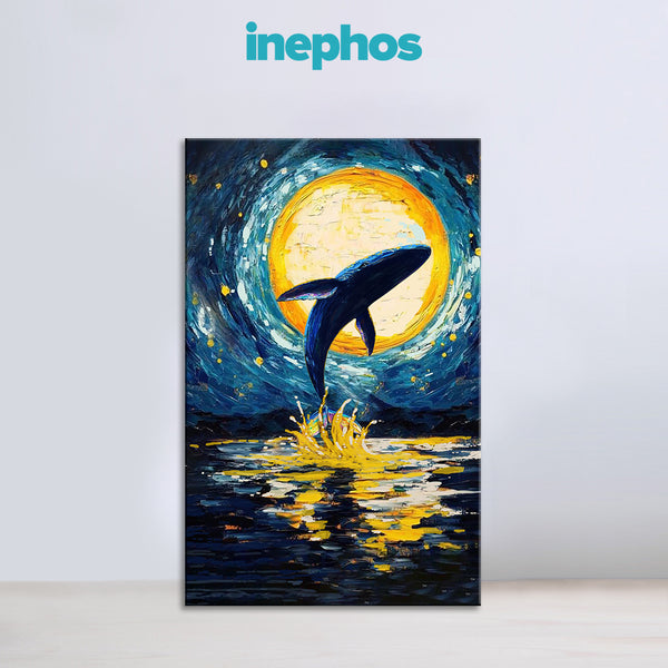 Majestic Moonlight Whale Canvas Painting for Living Room | Vibrant Ocean Wall Art | Modern Sea Life Canvas for Home