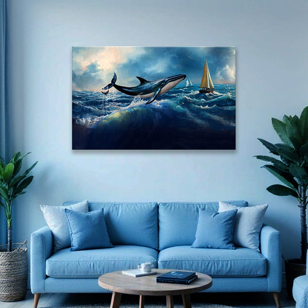 Whale Jumping in Ocean Waves Canvas Painting | Blue Sea & Sailboat Wall Art for Living Room | Ocean Wildlife Painting
