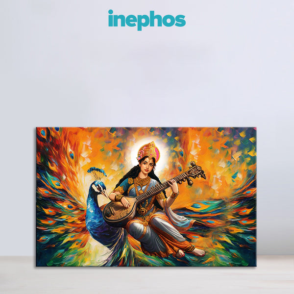 Divine Goddess Saraswati with Peacock Canvas Painting | Vibrant Spiritual Wall Art for Home Temple, Study Room & Living Room