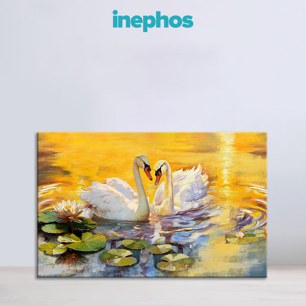 Romantic Swan Couple Canvas Painting for Bedroom & Living Room | Elegant Lake Scene Wall Art with Golden Sunset & Lotus Flowers