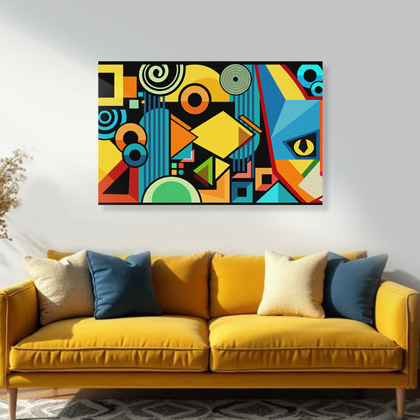 Geometric Cat Painting | Bold Vibrant Modern Abstract Pop Art Canvas | Colorful Gen Z Wall Art For Creative Interiors
