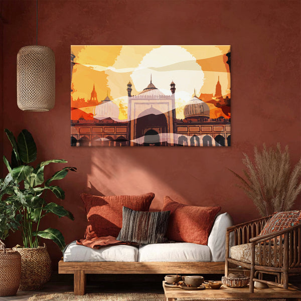 Golden Mosque Painting | Muslim Prayer Room Canvas With Spiritual Ambiance | Warm Sunset Islamic Wall Art For Ramadan, Eid, And Home Décor