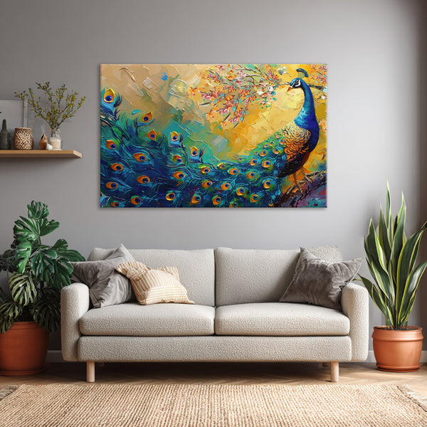 Vibrant Peacock Vastu Painting | Colorful Golden Bird Canvas With Blossoming Tree | Nature-Inspired Wall Art For Bedroom, Living Room Décor