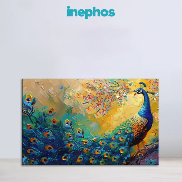 Vibrant Peacock Vastu Painting | Colorful Golden Bird Canvas With Blossoming Tree | Nature-Inspired Wall Art For Bedroom, Living Room Décor