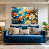 Koi Fish With Water Lilies Painting | Serene Aquatic Canvas For Living Room, Bedroom, Or Meditation Space | Modern Fish Wall Art In Blue And Orange Tones