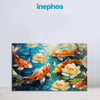 Koi Fish With Water Lilies Painting | Serene Aquatic Canvas For Living Room, Bedroom, Or Meditation Space | Modern Fish Wall Art In Blue And Orange Tones