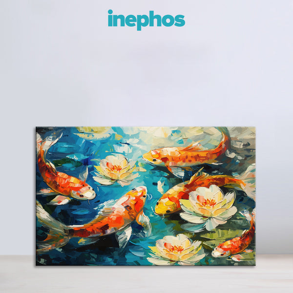 Koi Fish With Water Lilies Painting | Serene Aquatic Canvas For Living Room, Bedroom, Or Meditation Space | Modern Fish Wall Art In Blue And Orange Tones