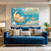 Sleeping Baby On Moon Painting | Dreamy Nursery Canvas With Stars And Sky | Soothing Baby Room Decor For Newborns & Kids | Soft Blue And Yellow Colorful Baby Wall Art