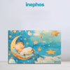 Sleeping Baby On Moon Painting | Dreamy Nursery Canvas With Stars And Sky | Soothing Baby Room Decor For Newborns & Kids | Soft Blue And Yellow Colorful Baby Wall Art