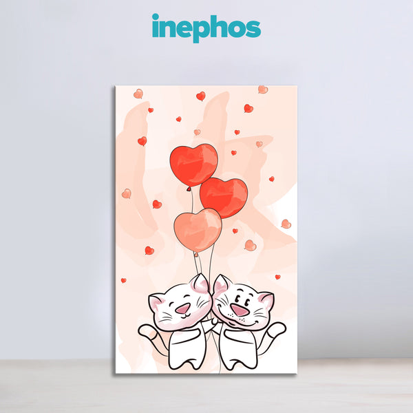 Cute Cat Couple With Heart Balloons Painting | Romantic Cartoon Canvas Wall Art For Bedroom & Kids Room Décor | Premium Quality Framed Wall Art For Bedroom, Living Room
