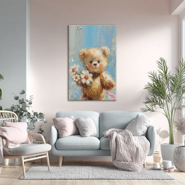 Textured Teddy Bear With Flowers Painting | Oil-Style Canvas For Kids Room & Nursery Wall Decor | Premium Quality Framed Wall Art For Bedroom, Living Room