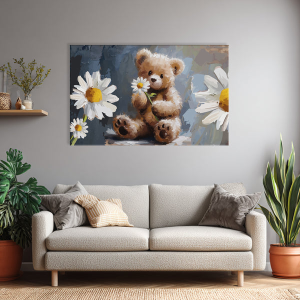 Teddy Bear With Daisy Flowers Painting | Cute Canvas For Nursery & Kids Room Wall Décor | Premium Quality Framed Wall Art For Bedroom, Living Room