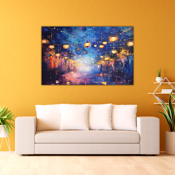 Festival Lights Street | Modern Lantern Canvas Wall Art For Living Room & Celebration Décor