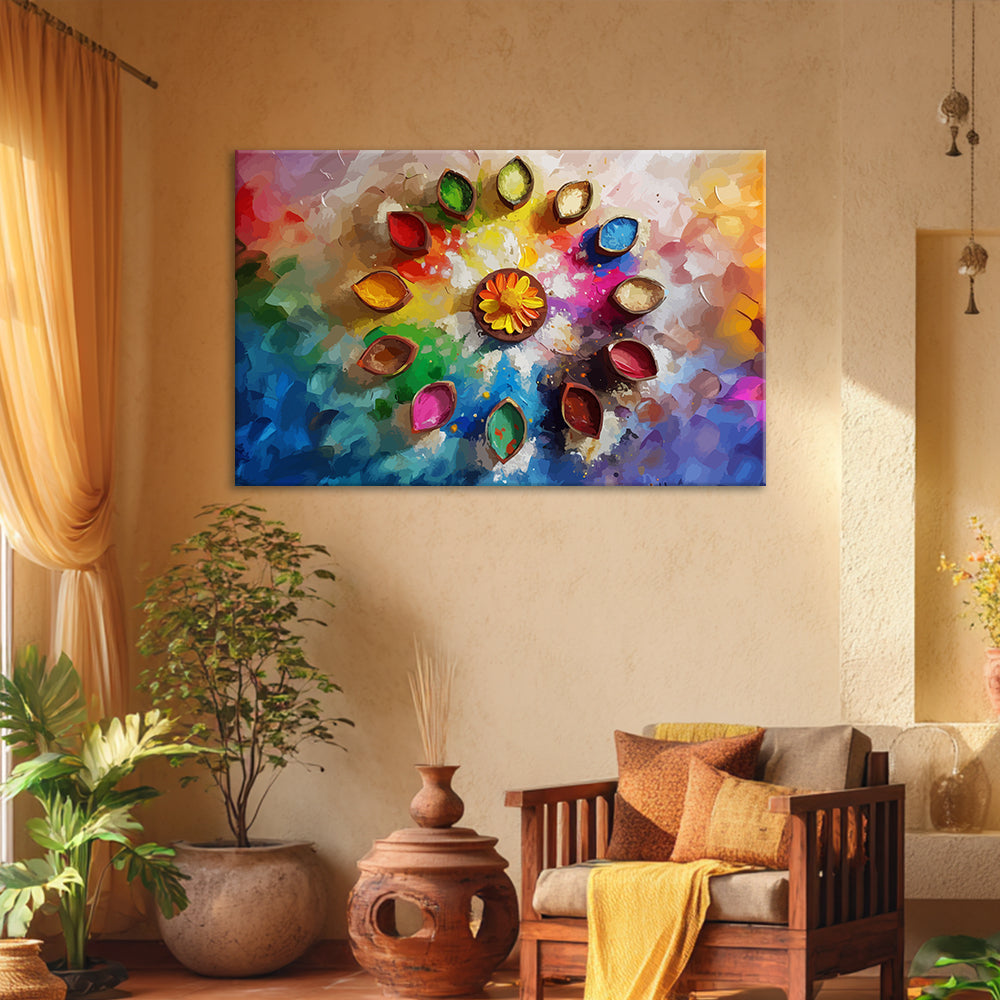 Colorful Rangoli Diyas Canvas Painting | Indian Festival Wall Art for ...