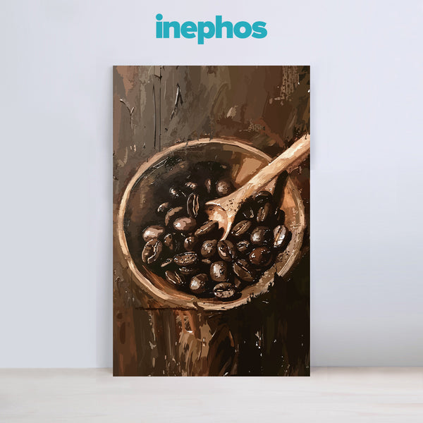 Coffee Beans in Wooden Bowl | Rustic Kitchen Canvas Painting for Coffee Lovers and Home Cafes