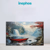 Red Boat By Waterfall | Serene Lake Canvas Wall Art For Bedroom And Reading Nooks