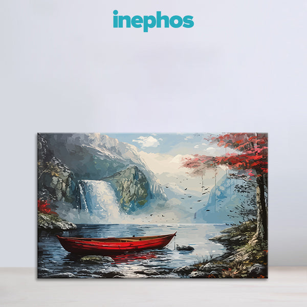 Red Boat By Waterfall | Serene Lake Canvas Wall Art For Bedroom And Reading Nooks