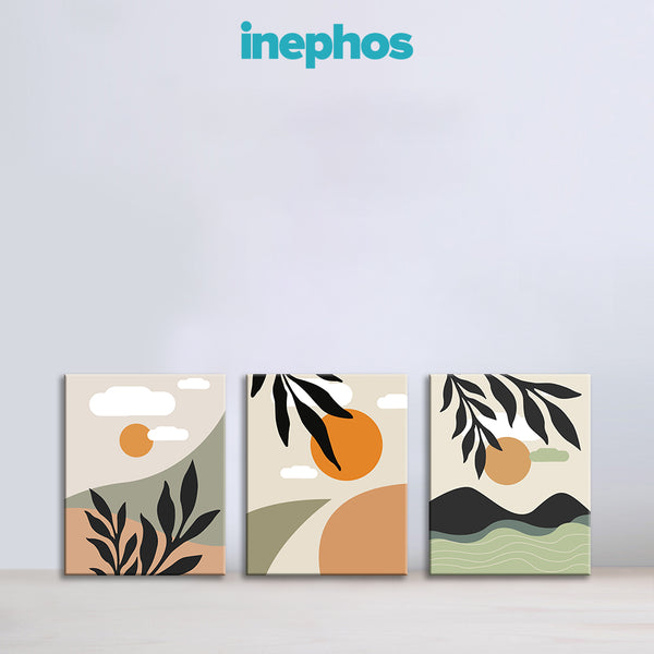 Abstract Sun Set of 3 Painting | Modern Contemporary 3-Piece Canvas Set | Nature Trio Wall Art With Sun & Leaf Designs For Modern Home Décor
